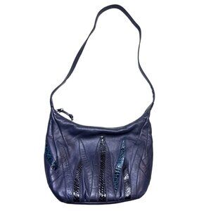 Vintage Leather 80s 90s Shoulder Bag Navy Embroidered Snakeprint Tote